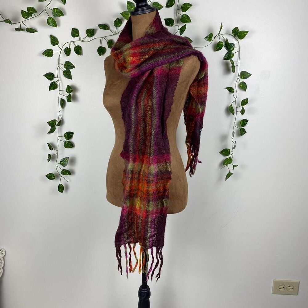 Vintage John Hanly Mohair & Wool Irish Scarf Multicolored plaid fringe burgundy